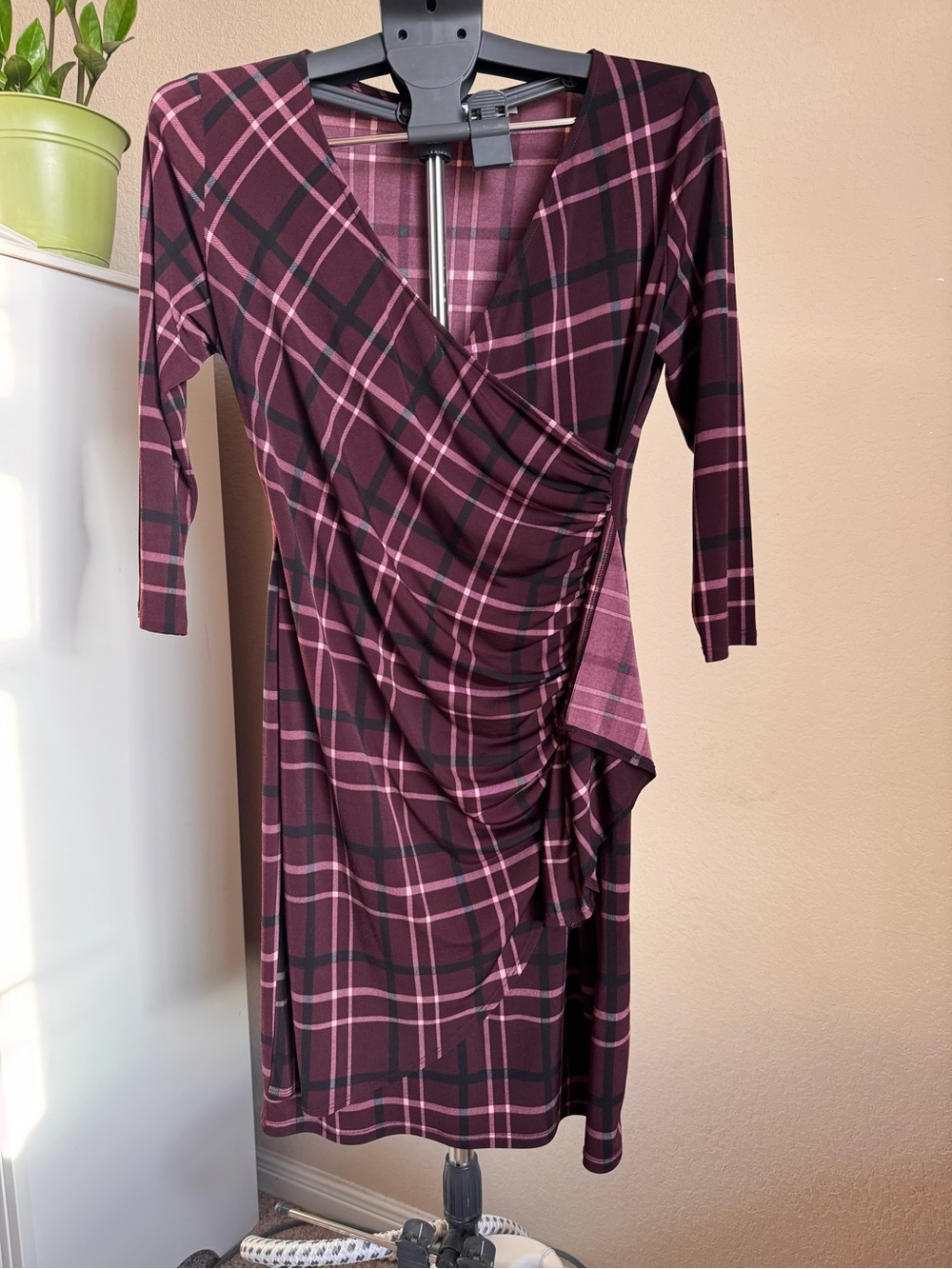 New York & Company Wine and Pink Plaid Ruched Wrap Dress